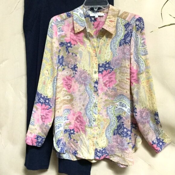Rose & Olive Women Size M Blouse Top Button Front Floral Pink Blue Yellow Beige - Picture 5 of 6